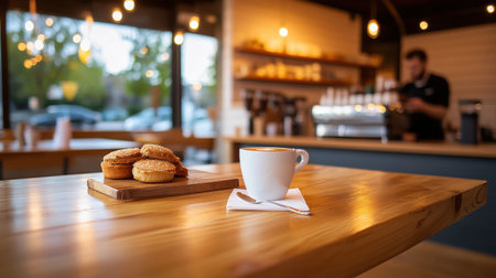 A cozy local cafe interior, featuring rustic wooden tables, warm lighting, and a friendly barista serving coffee to customers enjoying conversations.の素材