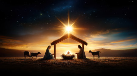 Traditional Christmas nativity scene with baby Jesus in a manger, surrounded by Mary, Joseph, and shepherds, with a bright star glowing above.の素材