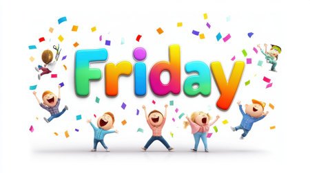 A fun and playful "Friday" clip art design with bold text, confetti, and cartoon characters celebrating the end of the week.の素材