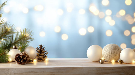 Sustainable holiday backdrop featuring decorations made from natural materials like burlap, wood, and recycled paper, glowing under festive lights.の素材