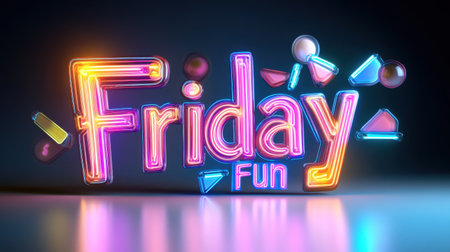 A playful Friday art design with retro-style typography, neon lights, and geometric patterns, celebrating "Friday Fun" in a modern style.の素材