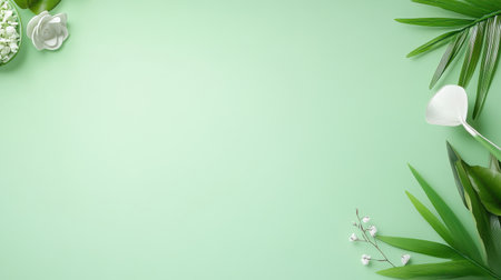 A pale light green background with a calming, soothing vibe, perfect for wellness or organic product visuals.の素材