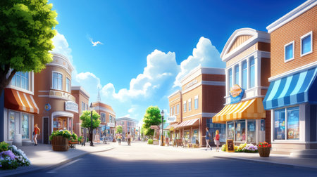 A small-town street with quaint shops, local boutiques, and pedestrians strolling along, window shopping and enjoying the sunny day.の素材