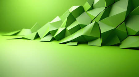 Abstract green low poly backdrop with a faceted texture and modern color palette, offering a dynamic and visually engaging spaceの素材