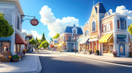 A small-town street with quaint shops, local boutiques, and pedestrians strolling along, window shopping and enjoying the sunny day.の素材