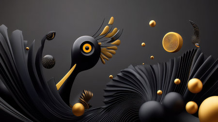 A surreal black art piece featuring abstract figures and forms emerging from a dark background, evoking mystery and creativity.の素材