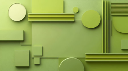 Abstract green 3D background with geometric shapes and layered textures, offering a modern and dynamic visual spaceの素材