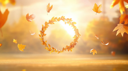 A Thanksgiving background with falling leaves, a harvest wreath, and soft golden light, evoking the feeling of a warm, autumn afternoon.の素材