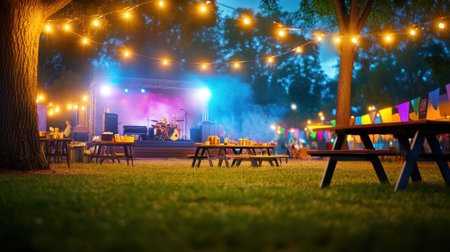 A local festival with string lights, colorful banners, musicians performing on a small stage, and people enjoying food and drinks at picnic tables.の素材