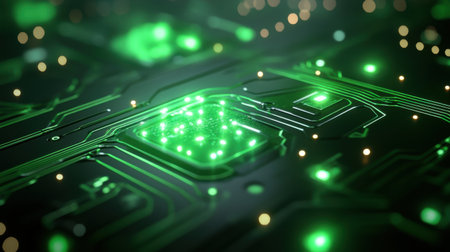 Abstract green sci-fi texture with glowing circuits and high-tech patterns, ideal for a cutting-edge and imaginative backdropの素材