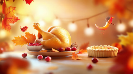 A Thanksgiving background with a close-up of a golden turkey, cranberries, and pies on a beautifully decorated table with warm tones and autumn decor.の素材