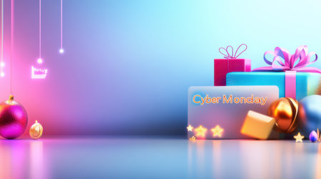 Bright and bold "Cyber Monday" banner with flashing neon colors, featuring discount percentages and sale icons.の素材