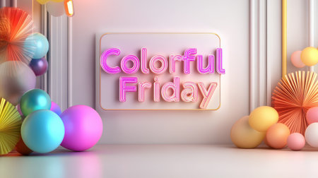 Bright, festive "Colorful Friday" sale banner with bold typography and a burst of neon colors surrounding the text.の素材