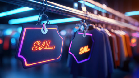Bold Black Friday sale tags with sharp, glowing fonts, attached to clothing racks and tech products for a vibrant shopping experience.の素材