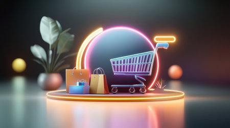 Bright neon lights outlining a shopping cart and discount percentages, creating a modern and energetic shopping vibe.の素材