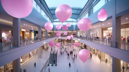 Busy shopping mall interior filled with Black Friday banners hanging from the ceiling, packed with excited shoppers.の素材
