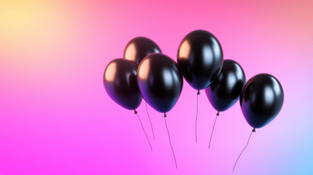 Black balloons floating against a vibrant neon backdrop, casting sharp shadows and creating a contrast between dark and light.の素材