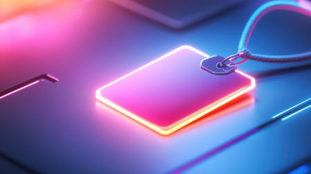 Close-up of a product with a sleek sale tag attached, featuring modern fonts and glowing neon accents.の素材