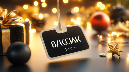 Close-up of a Black Friday sale tag attached to a product, surrounded by festive holiday decorations in a store.の素材