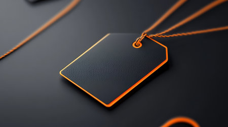 Close-up of a black price tag with minimalist fonts and subtle neon accents, hanging from a luxury product.の素材
