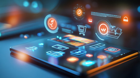 Black Friday sale icons floating over a sleek online shopping interface, promoting discounts and flash sales.の素材