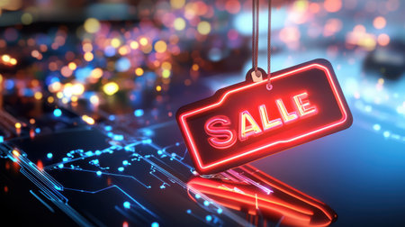 Close-up of a Black Friday sale tag with glowing red neon text, highlighting major discounts on popular items.の素材