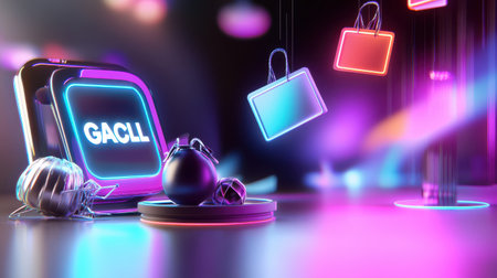 Black Friday" text in bright, colorful neon lights with large sale tags floating nearby, perfect for a promotional ad.の素材