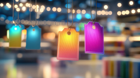 Black Friday sale tags glowing in vibrant colors, hanging from products in a busy retail store, drawing customers in.の素材