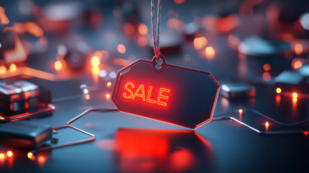 Close-up of a Black Friday sale tag with glowing red neon text, highlighting major discounts on popular items.の素材