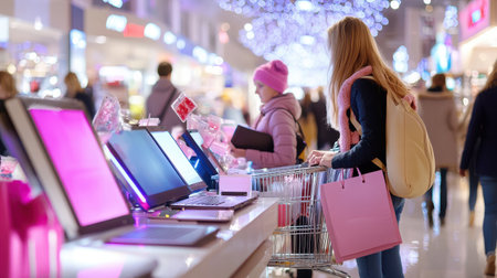 Black Friday shoppers filling their carts with electronics, sale tags everywhere, creating a busy, energetic shopping atmosphere.の素材