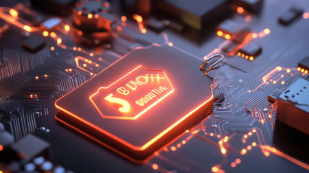 Close-up of a glowing Black Friday tag with a steep discount percentage displayed, attached to an electronic product.の素材