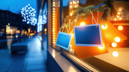 Close-up of a retail storefront decorated with glowing Black Friday lights and bright sale tags in the window.の素材