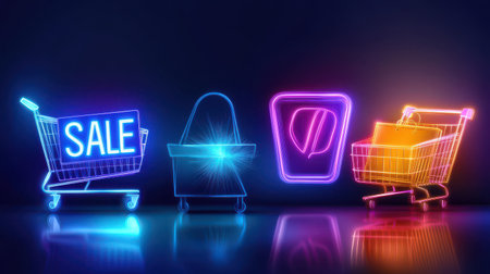Black Friday clip art with glowing neon "SALE" signs, shopping carts, and discount labels in vibrant colors, perfect for high-energy promotions.の素材