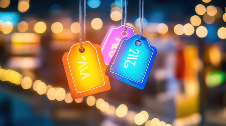 Black Friday sale tags glowing in vibrant colors, hanging from products in a busy retail store, drawing customers in.の素材