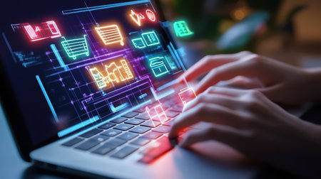 Close-up of hands on a keyboard shopping for Black Friday deals online, with vibrant neon sale tags glowing on the screen.の素材