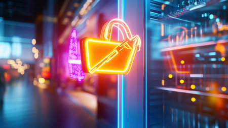 Black Friday sale in neon lights, flashing bright red and yellow, drawing customers into a busy storefront.の素材