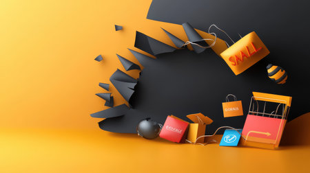 Dynamic graphic of black paper being torn, revealing bright sale banners and discount symbols underneath.の素材