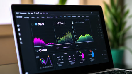 Digital marketing dashboard showing stats of "Black Friday Coming" ad campaigns ready to launch.の素材