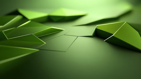 Dynamic green 3D background with layered polygons and subtle lighting, ideal for modern and creative visualsの素材