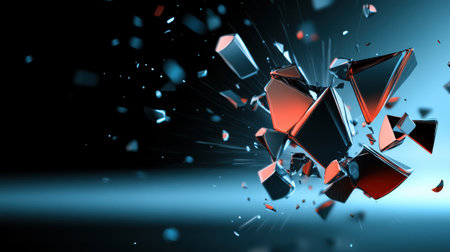 Dynamic shatter vector design with pieces of a shattered surface floating through space, creating a sense of motion.の素材
