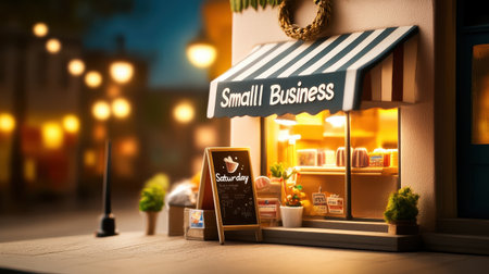 Cozy storefront with "Small Business Saturday" signs in the window, inviting customers inside for special deals.の素材