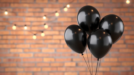 Black balloons against a brick wall backdrop, with string lights adding a festive yet edgy atmosphere to the scene.の素材