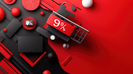 Black Friday clip art with a bold red and black theme, featuring percentage signs, shopping carts, and price tags in a dynamic, flat design.の素材
