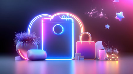 Flashy Black Friday banner with glowing neon colors, highlighting massive sales and bold product images.の素材