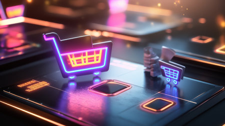Flashy Black Friday online shopping interface with colorful sale banners and glowing shopping cart icons.の素材