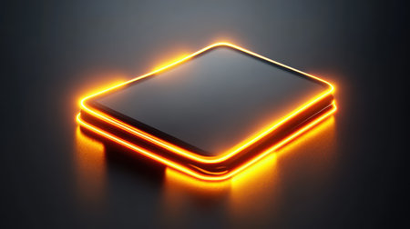 Floating black tag with sharp typography and glowing neon edges, set against a dark, high-contrast background.の素材