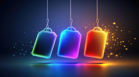 Flashy Black Friday tags with vibrant colors and glowing edges, attached to various discounted products.の素材