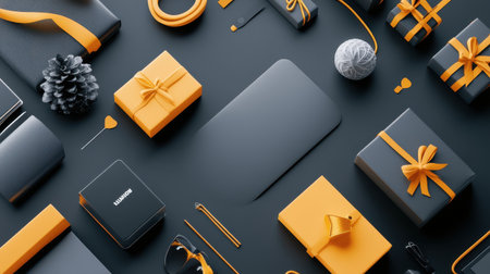 Flat lay of Black Friday-themed products with sharp discount labels and vibrant sales tags arranged around.の素材