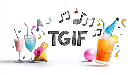 Friday art with hand-drawn doodles of weekend-related items like music notes, drinks, and party hats, with bold "TGIF" text in the center.の素材