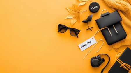 Flat lay of fashion items with "Black Friday Deal" tags, promoting deep discounts and stylish purchases.の素材